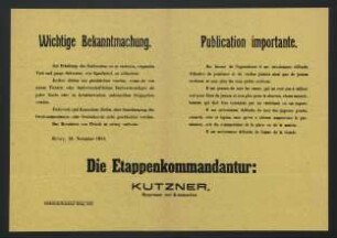 Bekanntmachungen der Etappenkommandantur Kutzner. November 1914.