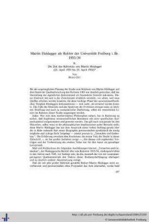 Martin Heidegger als Rektor der Universität Freiburg i. Br. 1933/34. II. Die Zeit des Rektorats von Martin Heidegger (23. April 1933 bis 23. April 1934).