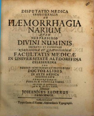 Disputatio medica Inauguralis de Haemorrhagia Narium