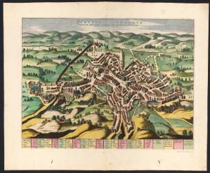 Stadtplan von Perugia, Italien, kolorierter Kupferstich, ca. 1730 : Perusia Augusta : Avec Privil. = Perouse, Ville de l'Etat de l'Eglise / Par Pierre Mortier. - Amsterdam : Pierre Mortier, s.a. [ca. 1730]. - 1 Plan : Kupferstich ; 41 x 54 cm. - Titel oben Mitte. - Mit Gebäudekennzeichn.
