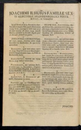 Joachimi II. Huius Familiae Sexti Electoris Brandenburgici Posteritas