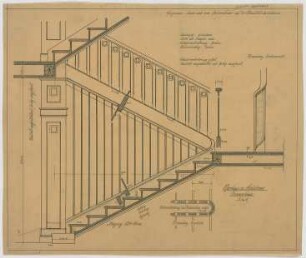 Dolmetsch, Theodor; Holzbronn; Pfarrhaus - Treppenhaus (Ansicht m. Schnitt, Detail); Krümmling (Grundriss, Ansicht)