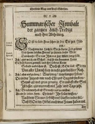 Summarischer Innhalt der gantzen Leich-Predigt nach ihrer Abtheilung.