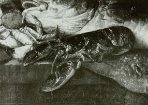 Ausschnitt aus dem Gemälde "Eine Fischbank" von Abraham van Beyeren : Detail mit Hummer auf der Tischkante