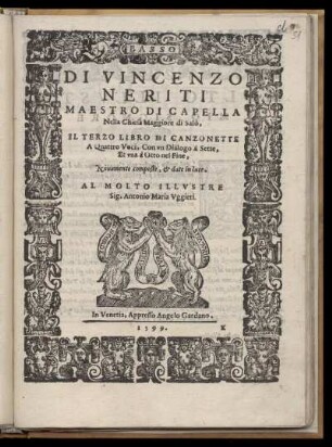 Vincenzo Neriti da Salo: Il terzo libro di canzonette a quattro voci ... Basso