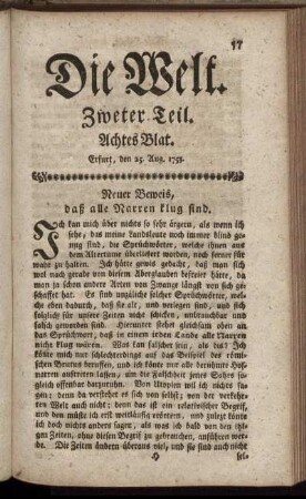 Achtes Blat. Erfurt, den 25. Aug. 1753.