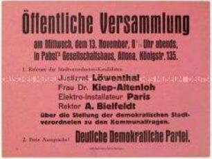 Ankündigung einer Versammlung der Deutschen Demokratischen Partei in Altona zur bevorstehenden Stadtverordnetenwahl