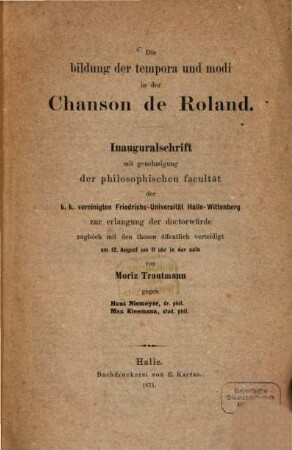 Die Bildung der tempora und modi in der Chanson de Roland