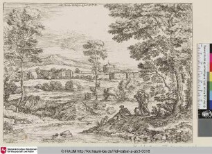 [Landschaft mit einem am Ufer rastenden Mann und einer stehenden Frau mit Krug, im Hintergrund eine Stadt; Landscape with a Veiled Woman; La femme au voile]