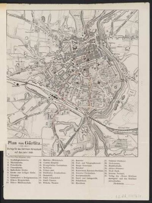 Stadtplan von Görlitz ,ca 1:15 400, Lithographie, 1889 : Plan von Görlitz. - Beilage für das Görlitzer Adressbuch auf das Jahr 1889 - 1:15400. - Görlitz : Weingärtner, 1889. - 1 Kt. ; 19,7 x 21,8 cm. - Mit Gebäudeverzeichnis und Pferdebahn