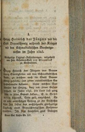 Neues vaterländisches Archiv oder Beiträge zur allseitigen Kenntniß des Königreichs Hannover und des Herzogthums Braunschweig. 1829,1, 1829,[1] = Bd. 15