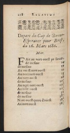 Depart du Cap de Bonne-Esperance pour Brest, du 26. mars 1686