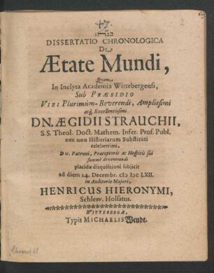 Dissertatio Chronologica De Aetate Mundi