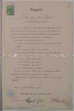 Zeugnis der Königlichen Turnlehrer-Bildungsanstalt für Kurt Diebel; Berlin, 20. März 1902