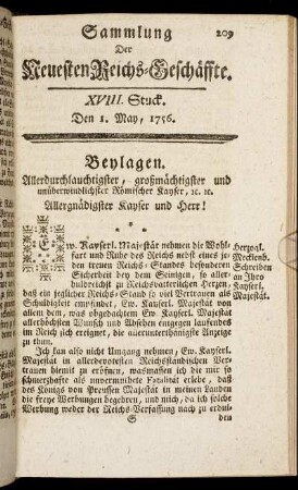 XVIII. Stuck. Den 1. May, 1756.