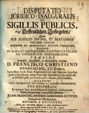 Disp. iur.-inaug. de sigillis publicis, Vulgo Oeffentlichen Insiegelen