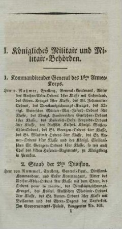 I. Königliches Militair und Militair-Behörden