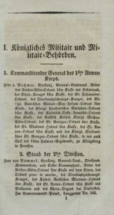 I. Königliches Militair und Militair-Behörden