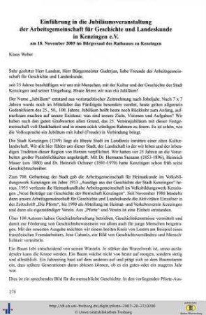 Einführung in die Jubiläumsveranstaltung der Arbeitsgemeinschaft für Geschichte und Landeskunde in Kenzingen e.V. am 18. November 2005 im Bürgersaal des Rathauses zu Kenzingen