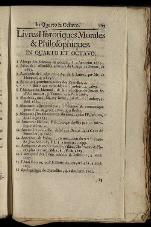 Livres Historiques Morales & Philosophiques. In Quarto Et Octavo