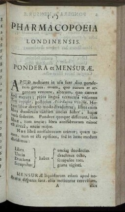 Pharmacopoeis Londinensis. Pondera et Mensuræ.