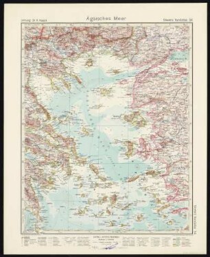 Bl. 54: Ägäisches Meer, 1939 : Bl. 54 : Ägäisches Meer : (Mer Égée, Aegean Sea, Mar Egeo) / Leitung: H. Haack. - 10. Aufl. / Hundertjahr-Ausg. ; 1939, 10. - 1:1 500 000. - Gotha : Perthes , 1939. - 1 Kt. : mehrfarb. ; 42 x 33 cm. - Aus: Stielers Handatlas, [Bl.] 54