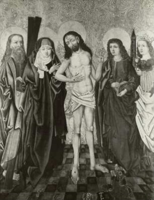 Christus, auf die Wundmale zeigend, zwischen Maria, Johannes Evangelista, Andreas und Barbara