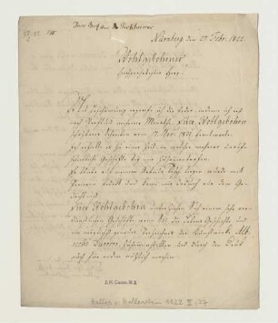 Brief von Johann Sigmund Christof Joachim Haller von Hallerstein an Joseph Heller