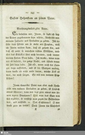 Gustav Hohenstam an seinen Vater
