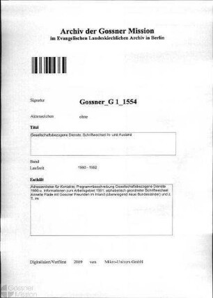 Gesellschaftsbezogene Dienste. Schriftwechsel In- und Ausland