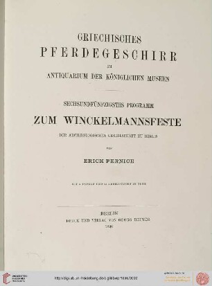 Band 56: Programm zum Winckelmannsfeste der Archäologischen Gesellschaft zu Berlin: Griechisches Pferdegeschirr im Antiquarium der Koeniglichen Museen