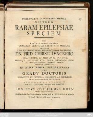 Dissertatio Inavgvralis Medica Sistens Raram Epilepsiae Speciem