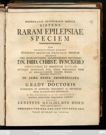 Dissertatio Inavgvralis Medica Sistens Raram Epilepsiae Speciem