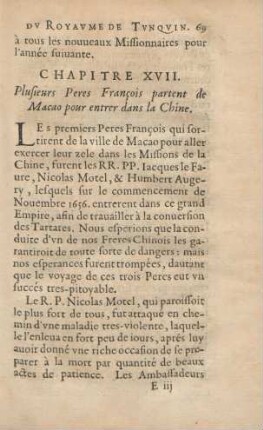Chapitre XVII. Plusieurs Peres Francois partent de Macao pour entrer dans la Chine