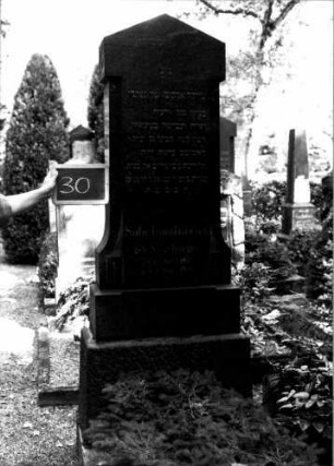 Grabstein 30 (Index: 100110040) Material: Granit Zustand: gut Maße HxBxT: 194x70x26 cm Beschreibung: Stele, getreppter Sockel, giebelartiger Abschluß Symbolik: eckige Voluten Steinmetz: Ostberg: Grabstein 30
