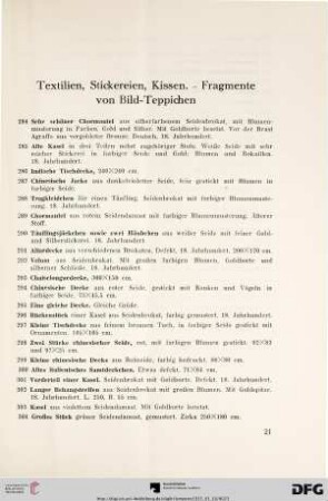 Textilien, Stickereien, Kissen. – Fragmente von Bild-Teppichen (Nr. 284-329)