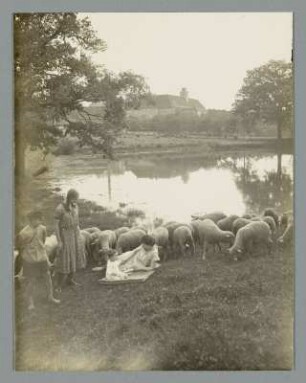 Kohren-Sahlis. Familie an einem Teich sitzend mit Schafherde