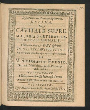 Disputationum Anthropologicarum Decima, De Cavitate Suprema, Seu Partibus Facultatis Animalis