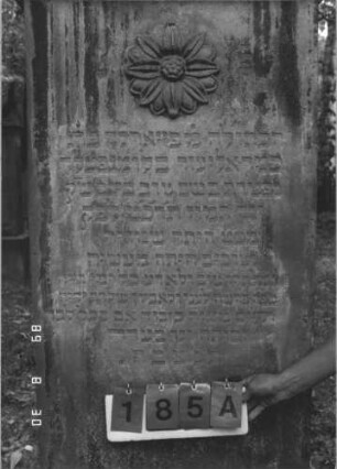Grabstein 185 (Index: 99609821) Material: Sandstein Zustand: verwittert Maße HxBxT: 200x86x35 cm Beschreibung: Stele, Abdeckplatte, Giebelaufsatz mit Seitenakrotere, Sockel Symbolik: Stern, Blüte: Grabstein 185A