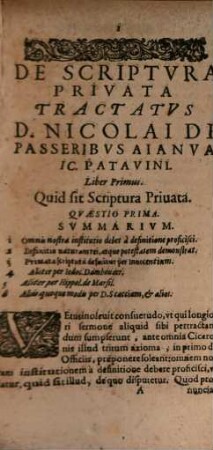 Nicolai de Passeribus Tractatus duo utilissimi: Primus de privata scriptura ... alter de verbis enunciativis