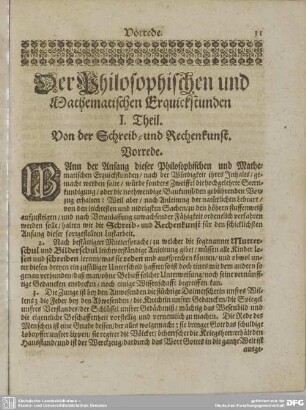 Der Philosophischen und Mathematischen Erquickstunden I. Theil. Von der Schreib= und Rechenkunst.