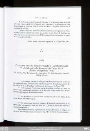 (92) Protocole avec la Bulgarie relatif à l'application du Traité de paix de Bucarest du 7 mai 1918 (Berlin, 25 septembre 1918)
