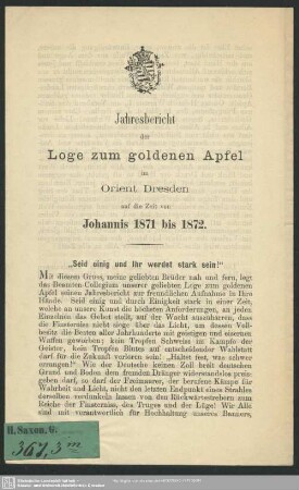1871/72: Jahresbericht der Loge Zum Goldenen Apfel im Orient Dresden : auf die Zeit ..