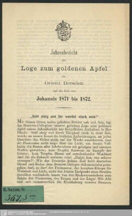 1871/72: Jahresbericht der Loge Zum Goldenen Apfel im Orient Dresden : auf die Zeit ..