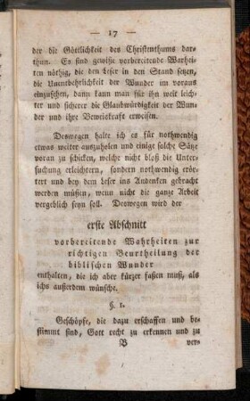 [...] der erste Abschnitt vorbereitende Wahrheiten zur richtigen Beurtheilung der biblischen Wunder [...]