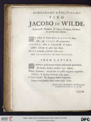 Nobilissimo & Politissimo Viro Jacobo de Wilde