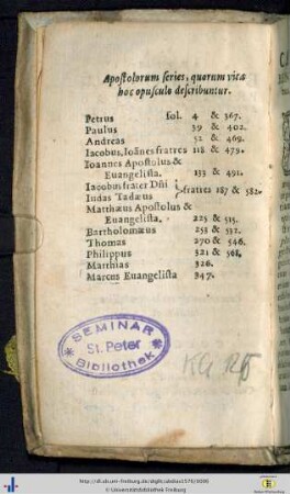 Apostolorum series, quorum vita hoc opusculo describuntur.