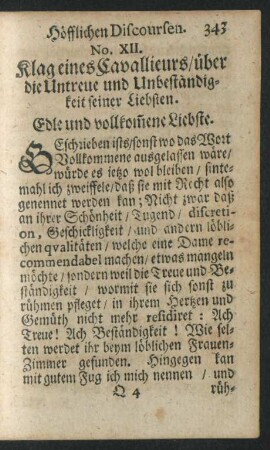 No. XII. Klag eines Cavallieurs/ über die Untreue und Unbeständigkeit seiner Liebsten.