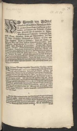 Wir Leopold von Gottes Gnaden/ Erwöhlter Römischer Kayser ...