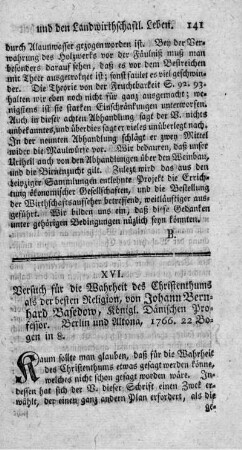XVI. Versuch für die Wahrheit des Christenthums als der besten Religion.